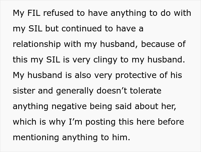 Text excerpt describing a sister-in-law's clingy behavior and a husband's protective attitude in a family conflict.