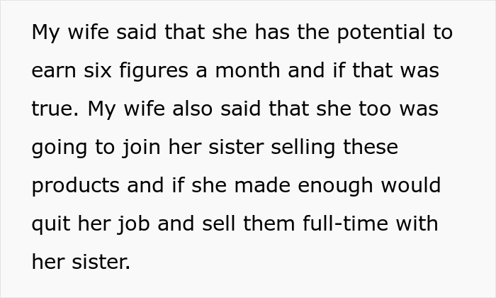 Text about wife planning to join sister&rsquo;s pyramid scheme selling products and quitting job if successful.