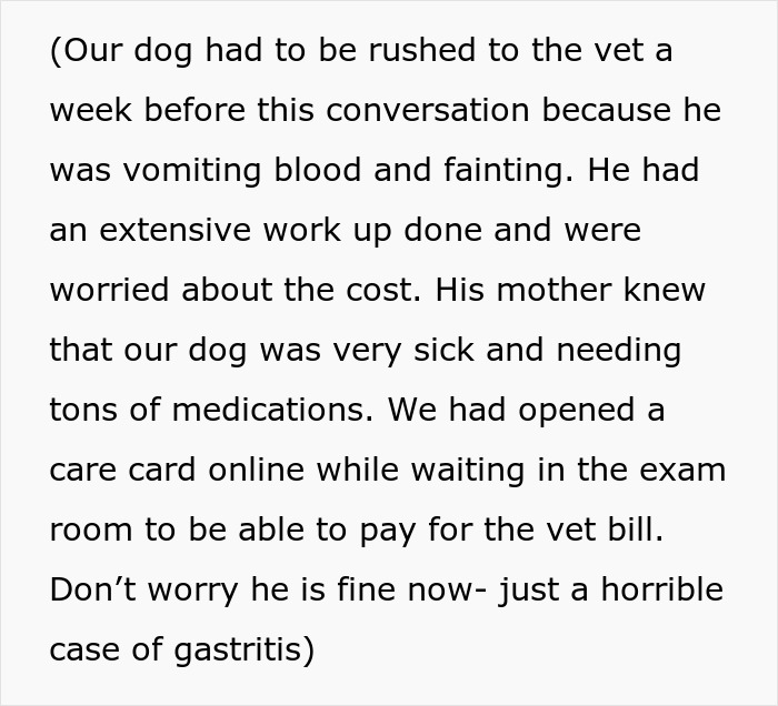 Text excerpt describing a dog's emergency vet visit due to severe illness and concerns about paying the debt with a care card.