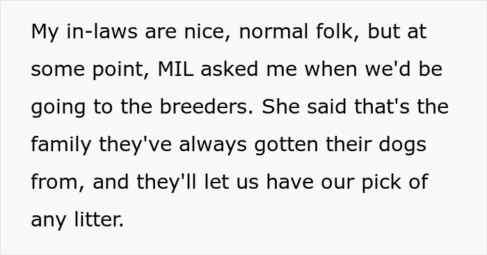 Text sharing a story about breaking family tradition by getting a dog from breeders outside the usual family choice.