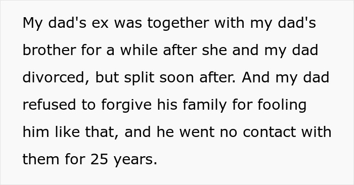 Text explaining why dad cut off his family, revealing the bride&rsquo;s regret after inviting them to the wedding.