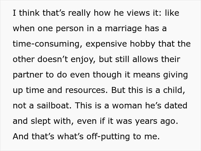 Text discussing a husband's twisted secret and wife weirded out as he wants to father his ex's child in marriage.