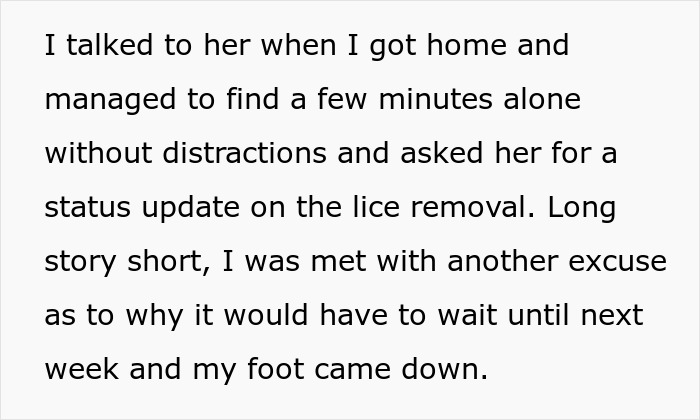 Text excerpt about wife refusing lice treatment for months and the husband insisting on removal without distractions.