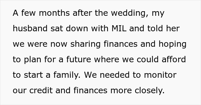 Text excerpt about a mother-in-law dealing with shared finances and the possibility of bankruptcy debt concerns.