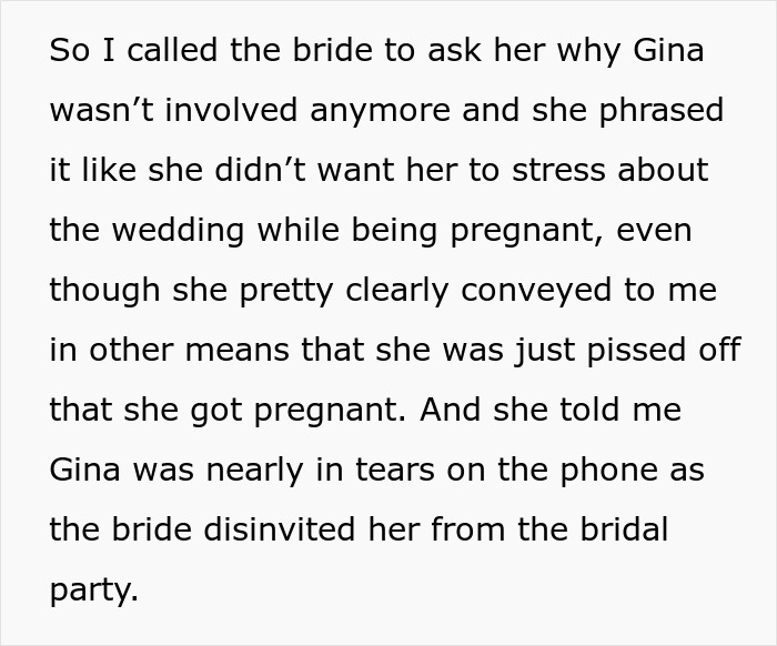 Text discussing bride’s control obsession leading to disinviting a pregnant friend from the bridal party before the wedding.