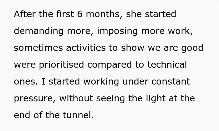 Text about employee facing pressure at work impacting work-life balance, highlighting a lesson for a cynic boss.