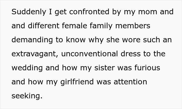 Text excerpt showing confrontation over girlfriend's dramatic outfit at sister&rsquo;s wedding causing family drama.