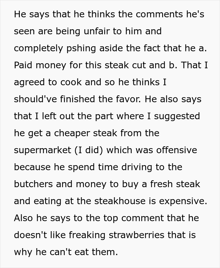 Text excerpt discussing refusing to pay husband for burnt steak cooked, and disagreement over steak purchase and preparation.
