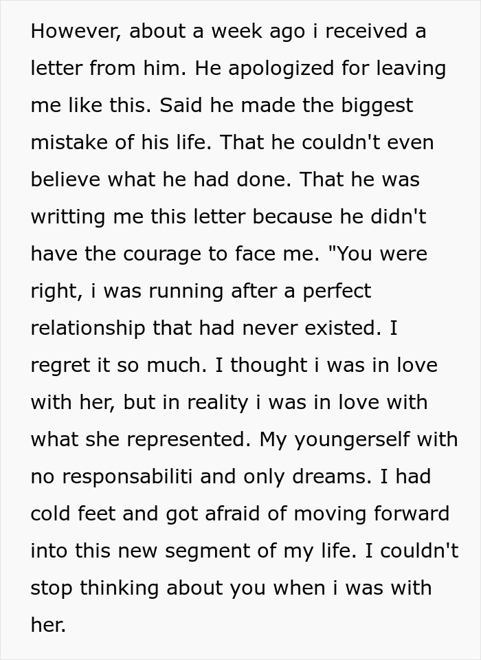 Letter expressing deep regret after ditching fianc&eacute;e to chase the one that got away, admitting a big life mistake.