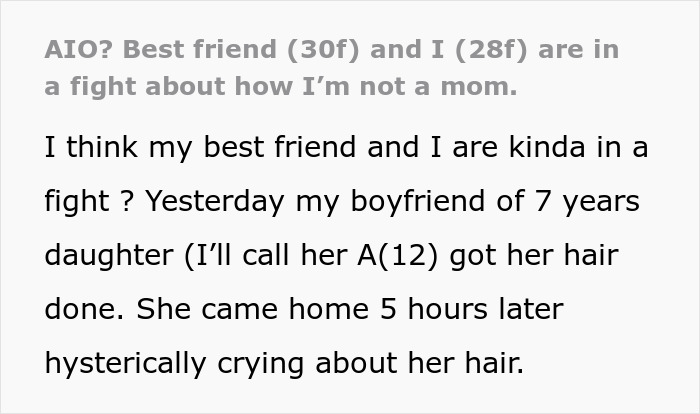 Text excerpt discussing a best friend fight involving a mom and emotional conflict over a child&rsquo;s hair appointment.