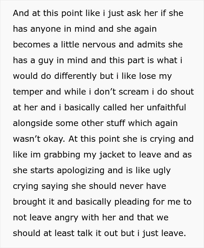 Text describing a man losing his temper after girlfriend admits having another guy in mind during open relationship talks.