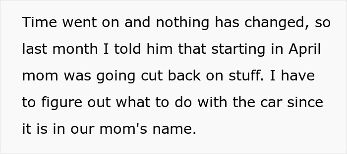 Text discussing family financial expectations and the challenge of managing a car under grandma&rsquo;s name.