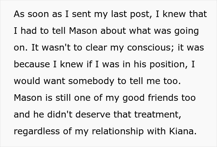 Text excerpt from a story about a cheater hiding a one night stand from her boyfriend and a friend threatening to expose a secret.