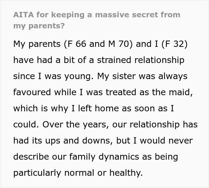 Text excerpt showing a daughter explaining her strained relationship with parents who were mad she bought a house without telling them.