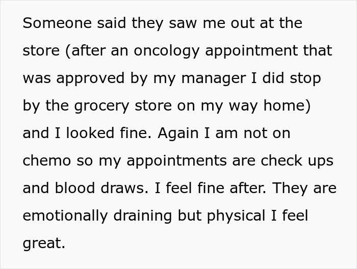 Alt text: Cancer survivor at work addresses rumors about her health after oncology appointment, feeling physically strong but emotionally drained.