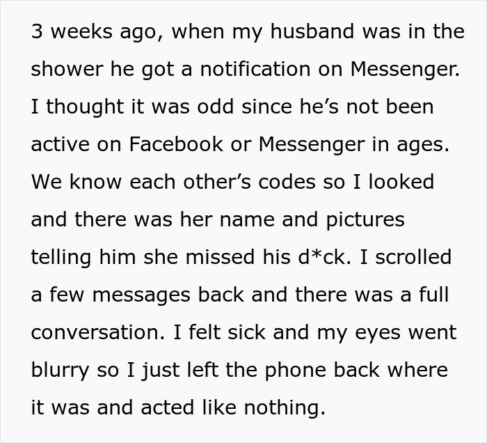Text excerpt from a woman discovering her husband&rsquo;s affair through Messenger messages after an accidental notification.
