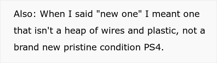 Text on a white background explaining the meaning of a new PS4 as not just wires and plastic but a pristine condition console.