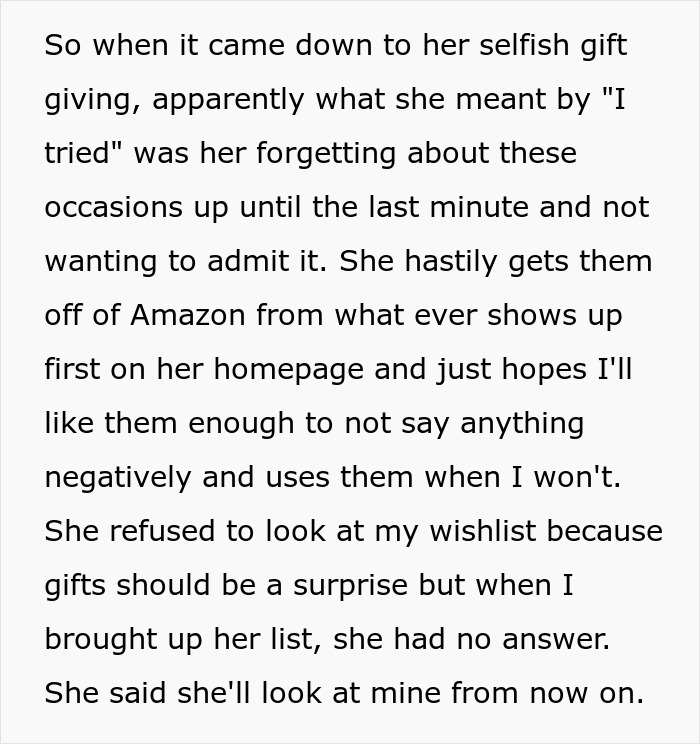 Text describing issues with selfish gift giving and frustrations about trashing girlfriend's gift habits and wishlist conflicts.