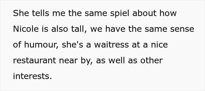 Text message describing a lady hyping up her stunner friend to a single coworker before an ambushed date with a stranger.