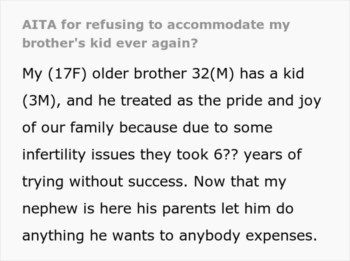 Text post about a frustrated sister refusing to accommodate her brother&rsquo;s 3-year-old son being a menace.
