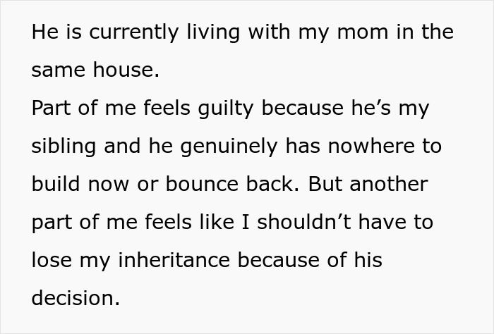 Text describing feelings about brother who inherited land money and lives with mother, causing inheritance concerns.