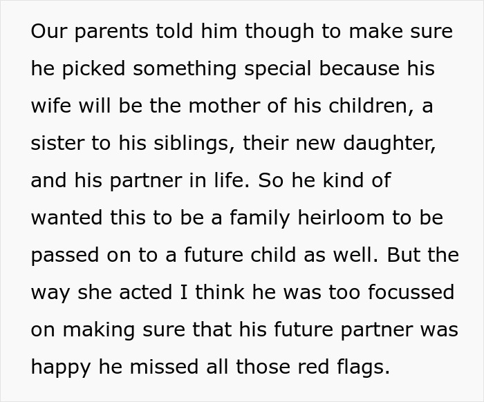 A screenshot of text on a light background, discussing a sister who shared a red flag about a fianc&eacute;e's ring complaint.