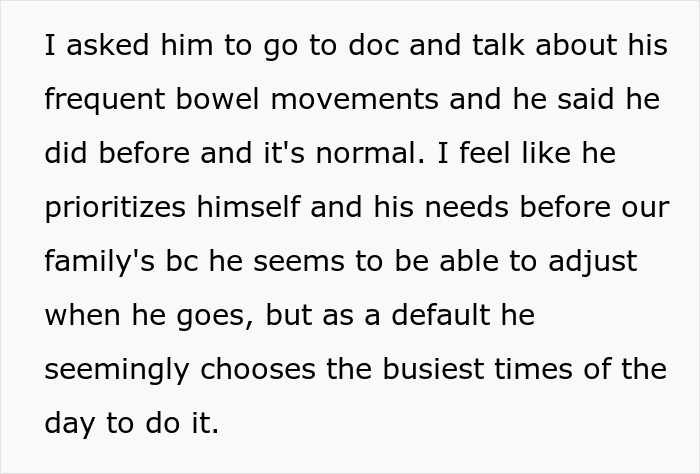 Alt text: Man uses bathroom habit to avoid parenting duties, causing frustration and conflict with his wife over his excuses.