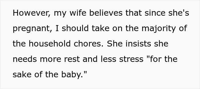 Alt text: Text excerpt discussing a pregnant wife's request for her breadwinner husband to help with household chores for the baby's sake.