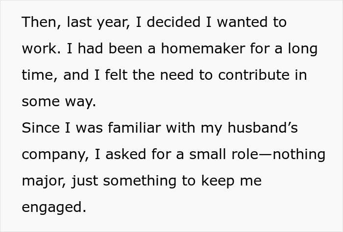 Text excerpt from a woman deciding to work after being a homemaker, related to divorce and sabotage issues.