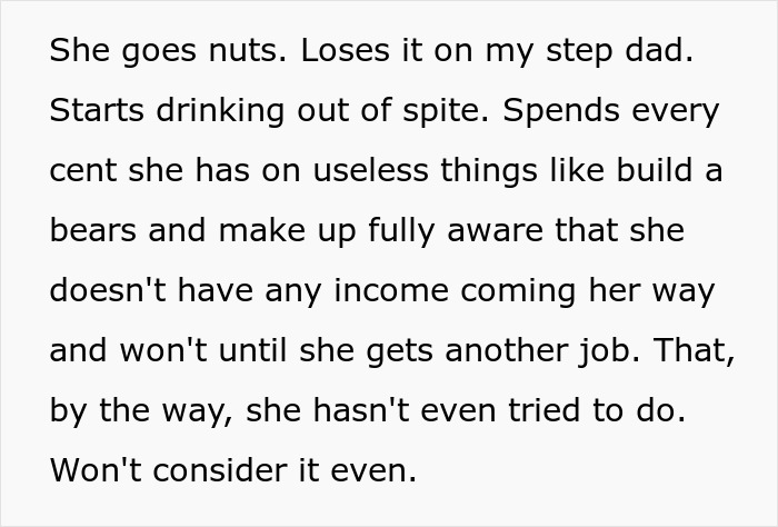 Text excerpt describing mom's work and family drama, highlighting relationship struggles and financial challenges.