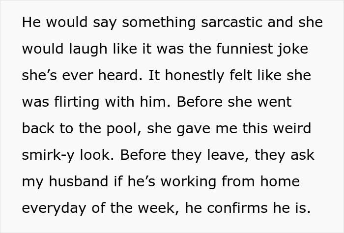 Text excerpt describing a tense moment involving a pregnant woman and a sarcastic interaction with a husband working from home.