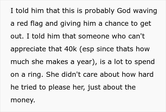 Text screenshot about a sister telling her brother his fianc&eacute;e's $40K ring complaint is a red flag, advising him to call off the proposal.