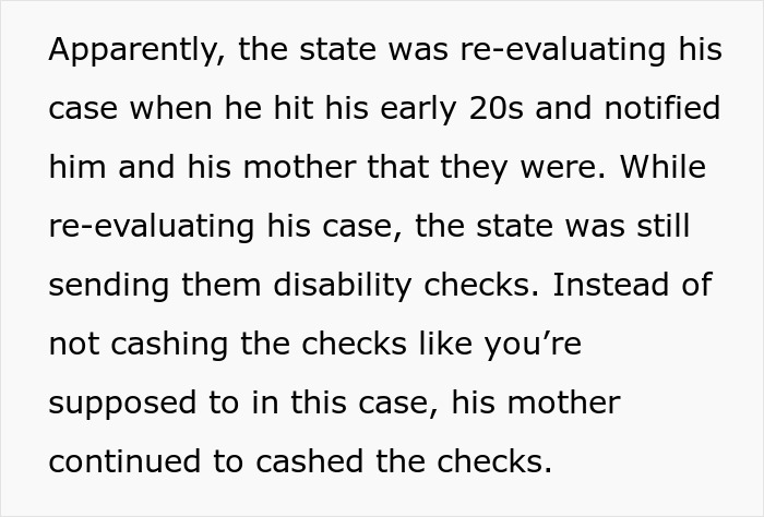 Text on a white background discussing re-evaluation of a disability case and receipt of disability checks during debt-related issues.