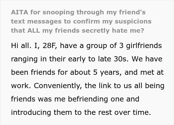 Text showing a suspicious woman trusting her gut instinct and uncovering a diabolical conspiracy involving her best friends.