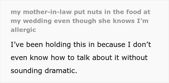 MIL Puts Anaphylaxis On Wedding Menu, Adds Nuts To A “Special Dish” Despite Bride’s Severe Allergy MIL Puts Anaphylaxis On Wedding Menu, Adds Nuts To A “Special Dish” Despite Bride’s Severe Allergy