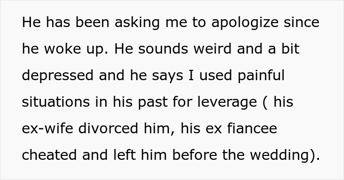 Text excerpt showing a man accusing his girlfriend of leveraging past painful situations for success and apologizing.