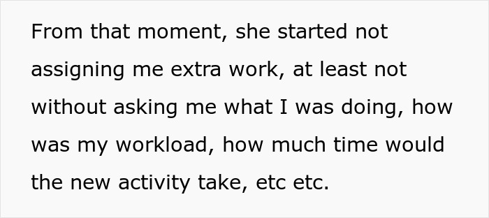 Text excerpt about workload management and work-life balance lessons in a professional setting.