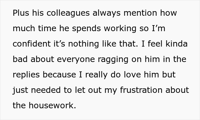 Text excerpt from a frustrated wife about her husband’s work and household chores, discussing work and housework balance. Text excerpt from a frustrated wife about her husband’s work and household chores, discussing work and housework balance.