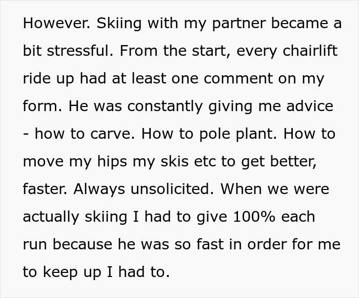 Texto discutindo o estresse causado por esquiar com um parceiro e homens abandonando seus parceiros durante atividades ao ar livre.
