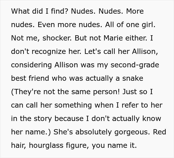 Text excerpt describing a woman's discovery of numerous nudes revealing her husband as a horrible, cheating jerk.