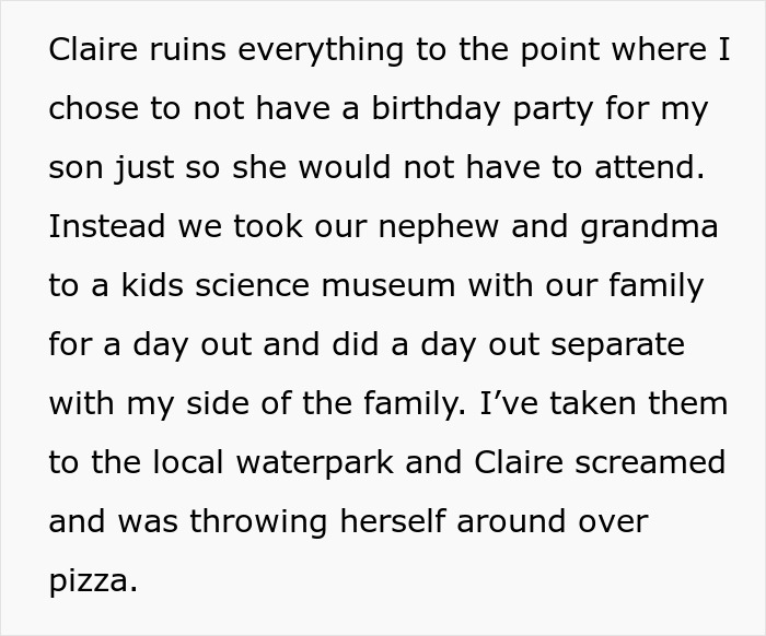 Text excerpt describing a violent niece disrupting family events while the enabler family ignores the victim to coddle the brat.