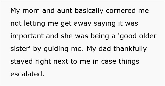 Text excerpt describing family conflict involving a jobless 36-year-old competing with her PhD cousin and financial loss.