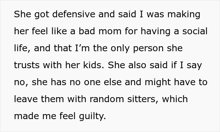 Text about mom using sister as a free sitter, feeling defensive, and issues of co-parenting and trust with kids.