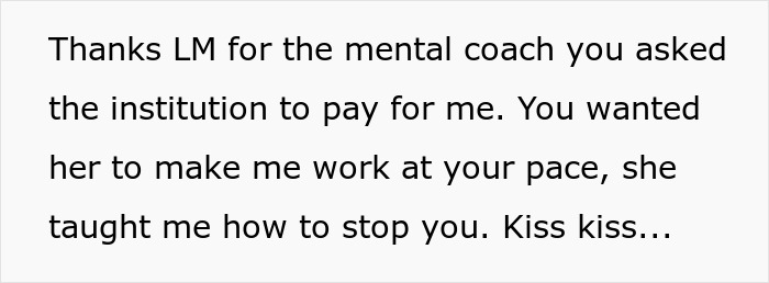 Text on white background about a mental coach teaching an employee to maintain work-life balance and resist pressure.