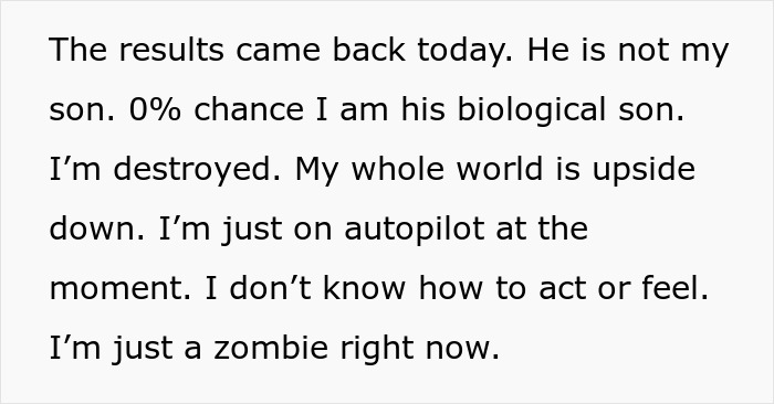 Text expressing a dad's shock and devastation after learning he is not the biological father of his 12-year-old son.