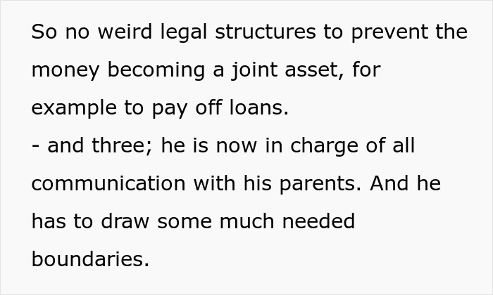 Text discussing legal structures to keep gifted money separate and husband managing communication with in-laws.