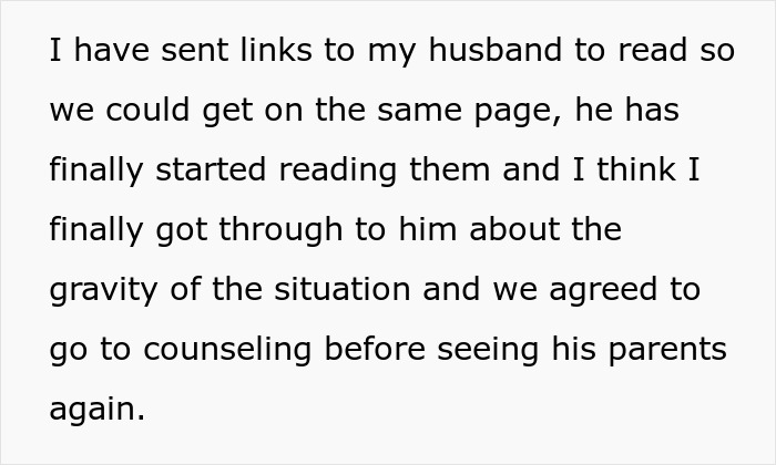 Text about new mom&rsquo;s anxiety and husband agreeing to counseling before in-laws visit again.