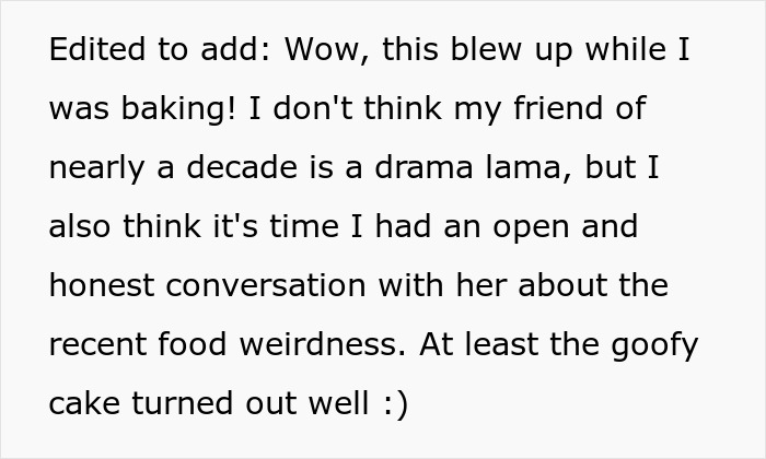 Text excerpt from a blog post about a picky eater justifying food choices with an allergy, mentioning a funny cake outcome.
