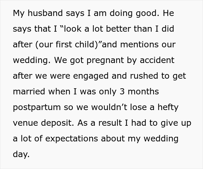 Text showing a woman&rsquo;s story about mental health struggles and wedding photo snub that pushed her to call it quits.