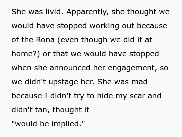 Text excerpt about bride furious her sister worked out and looks good at her wedding, expecting her to let herself go. Text excerpt about bride furious her sister worked out and looks good at her wedding, expecting her to let herself go.